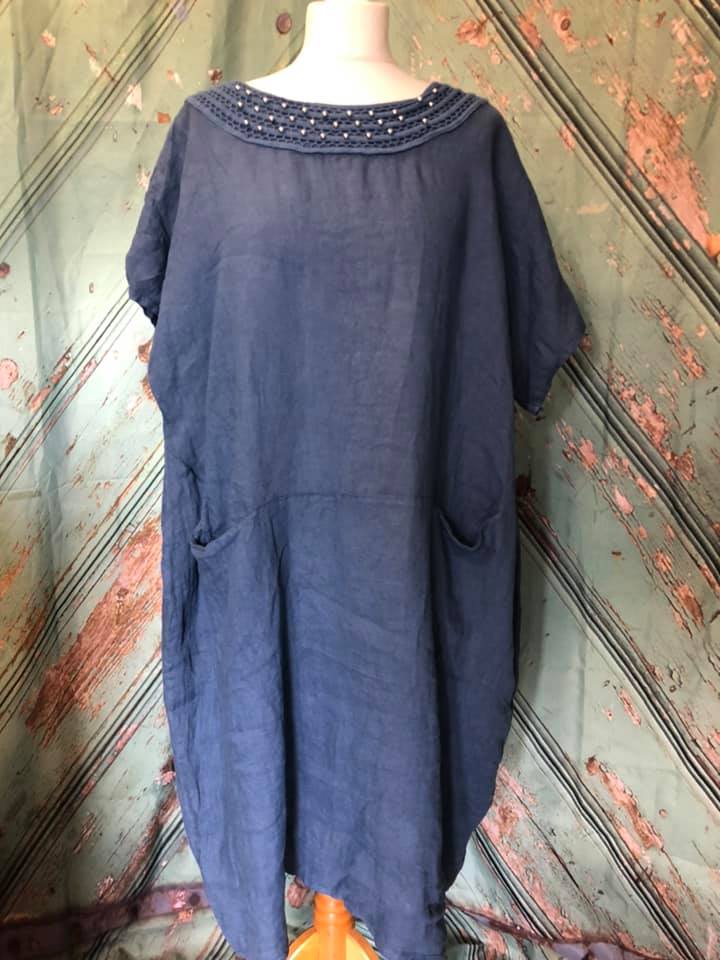 Linen Dress With Bead And Crochet Trim