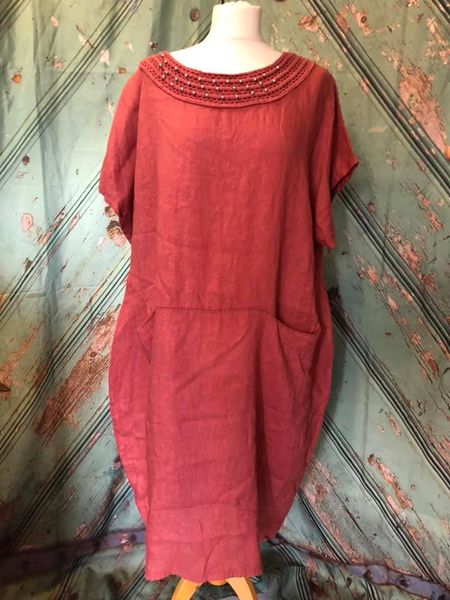 Linen Dress With Bead And Crochet Trim