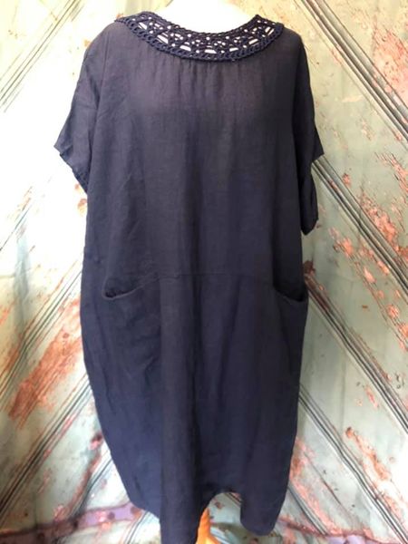 Linen Dress With Bead And Crochet Trim